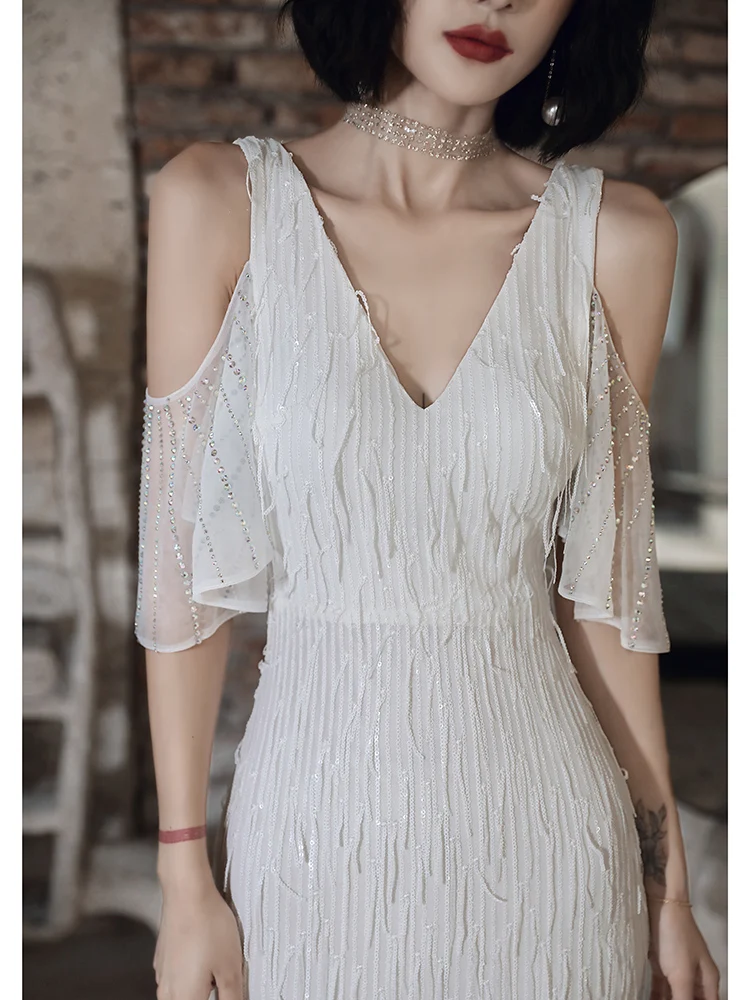 

Ele White Long Tail Fibone Women's Dr Sexy High Collar Gown for Par Performance Wedding Celebration