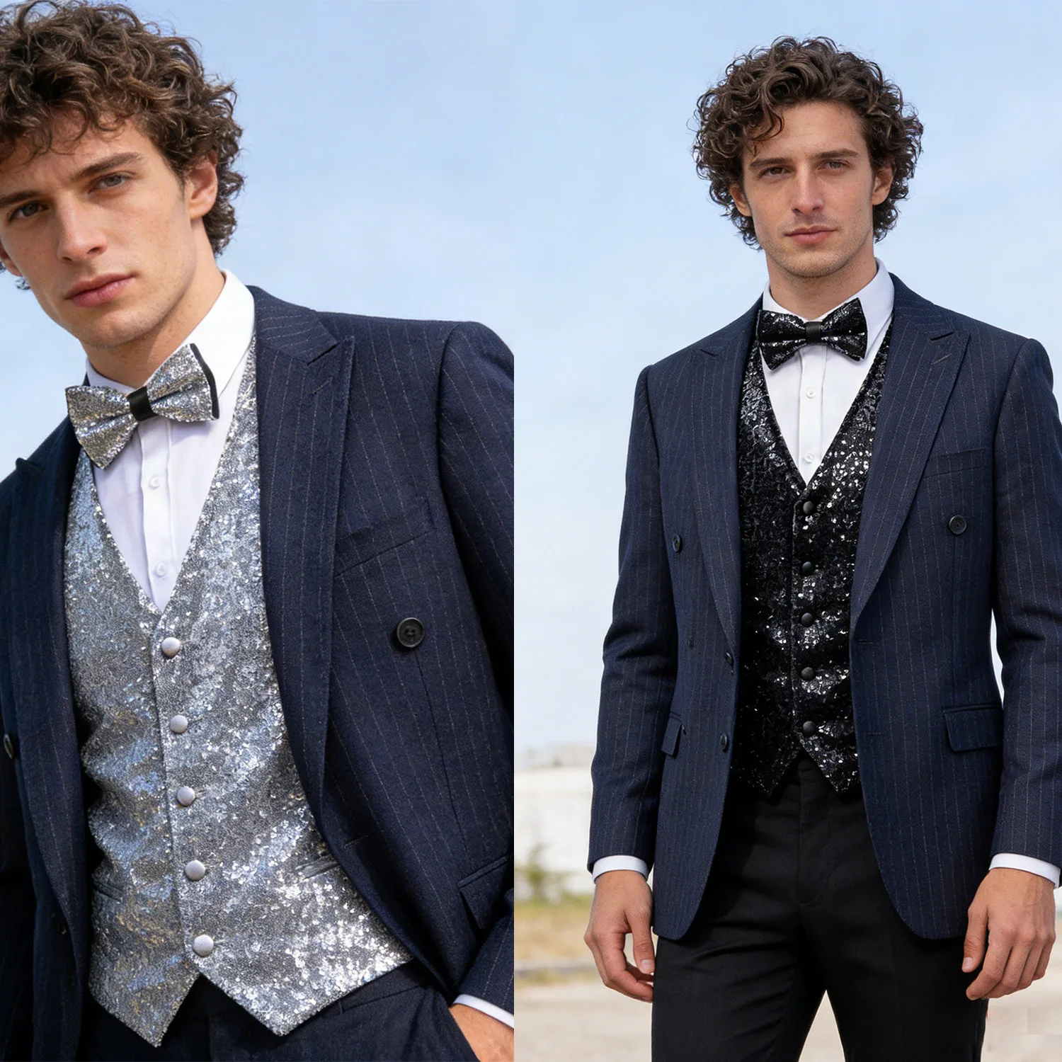 

Мужской комплект: блестящий серебристо-серый жилет с галстуком-бабочкой, платком и запонками, идеально подходит для свадеб, банкетов и официальных мероприятий.