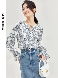 SENTUBILA Tie Round Neck Print Chiffon Blouse Tops for Women 2024 Elegant Loose Long Flare Sleeve Shirts & Blouses 133V51660