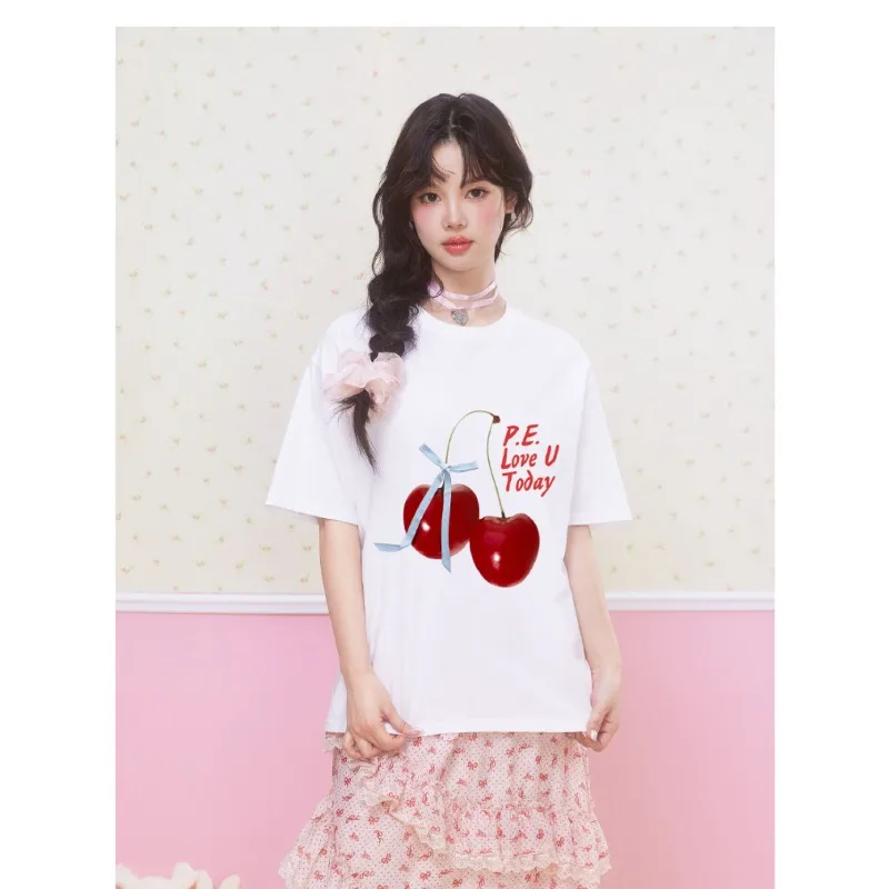 New Minimalist Bow Cherry 3D Printed Short Sleeved Unisex Casual Versatile Quick Drying Top Trendy