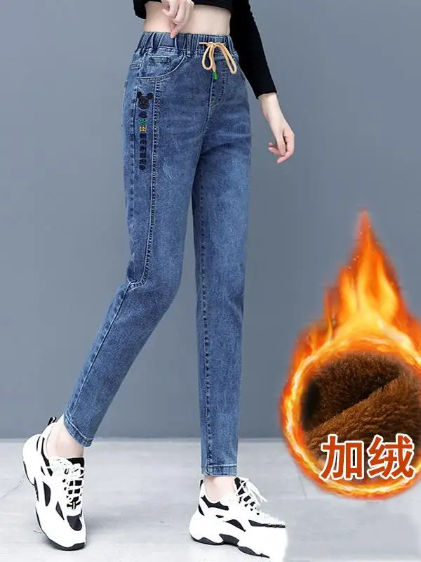 

Женские джинсы с высокой талией из эластичного денима, новинка 2025 года, весна-осень, модель «Гарлан» (стиль «папины брюки»), утепленные зимние длинные брюки для фигуры «груша»