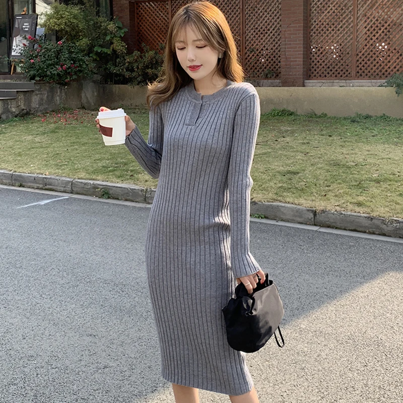 Cheap Casual Women\'s Sweater Dresses Black Long Sleeve Midi Bodycon Wrap Korean Sexy Vintage Female Knit Dress Autumn Winter New