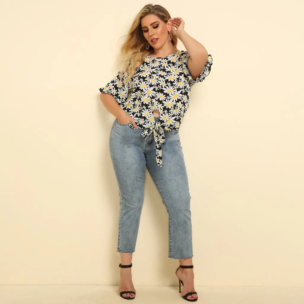 プラスサイズの女性の夏のシャツラウンドネックルーズストラップデイジープリントトップジュニア085新品