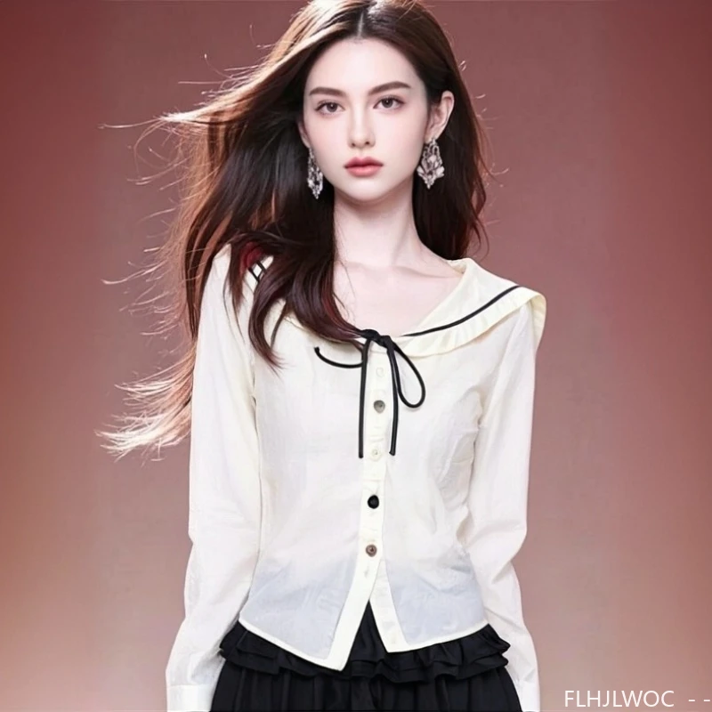 

Bow Tie Tops Blouses Lolita Style Japan Girls Preppy Style Woman Long Sleeve Casual Solid Retro Vintage Button Basics Shirts