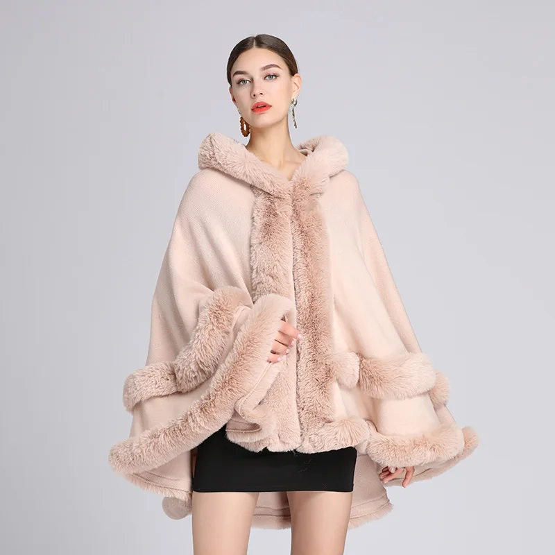 Autumn and Winter New Imitation Otter Rabbit Fur Collar Hooded Shawl Cape Plus Size Knitted Jacket Cardigan for Women