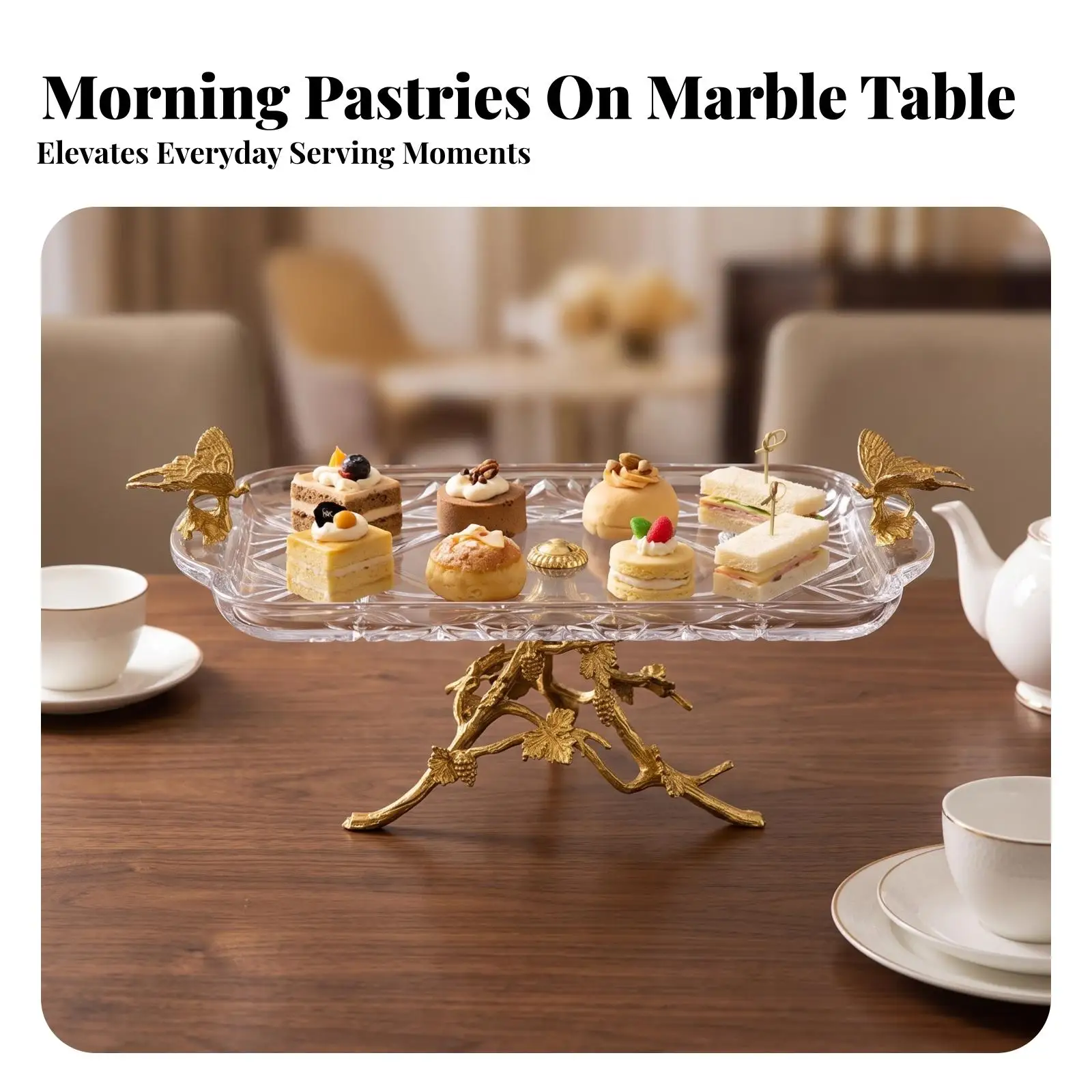 Vintage Style Crystal Serving Tray for Pastries and Desserts with Metal Leaf Legs
