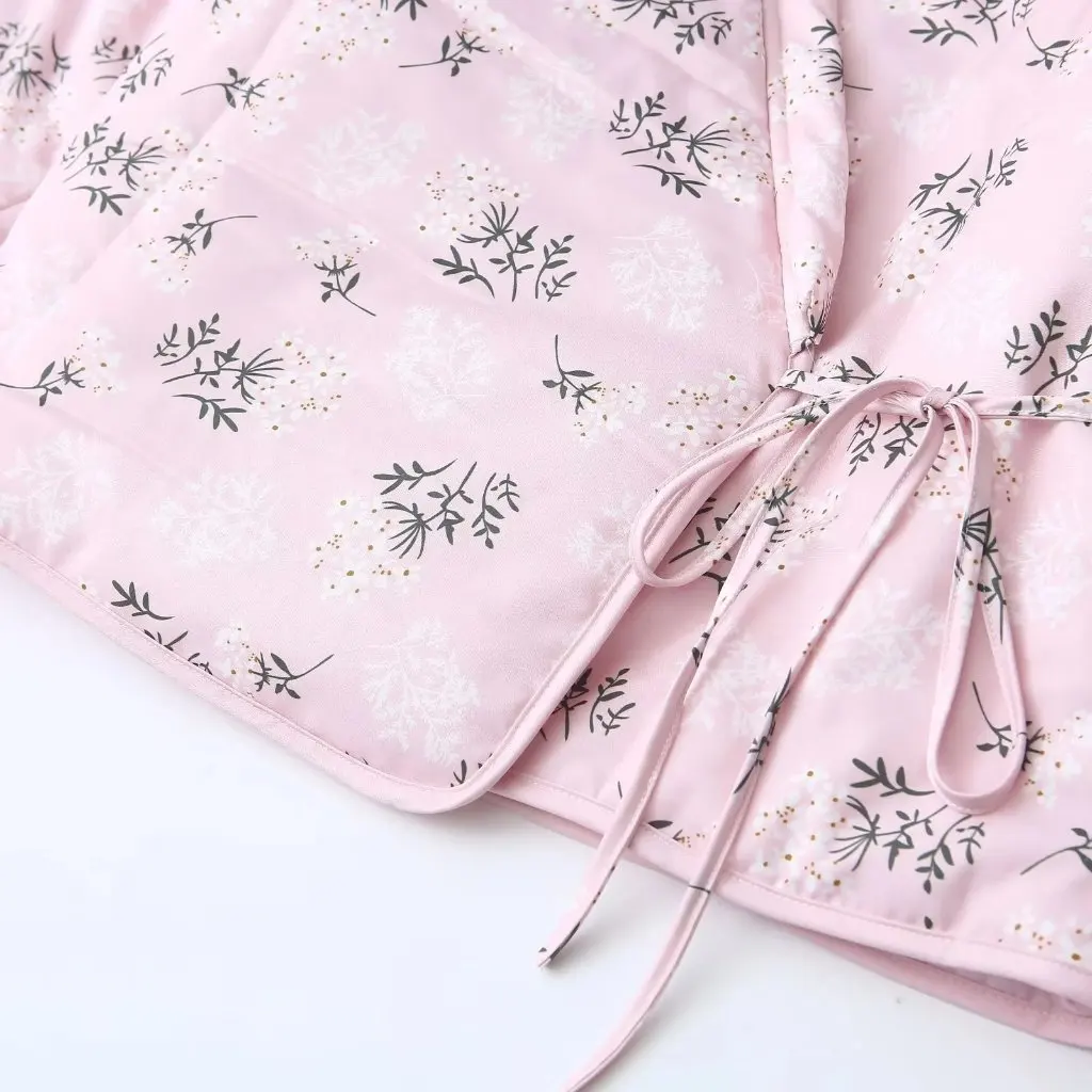 

Women's Cotton-Padded Cardigan Long Sleeve V-Neck Pink Printed Bathrobe Lace-Up Warm Autumn Winter Jacket Coat