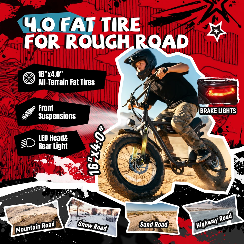 ESKUTE V101 Electric Dirt Bike,16'x4.0 Fat Tire Ebike,Electric Dirt Bike, 28mph, E Bike UL2849, 1 Year Warranty image 14