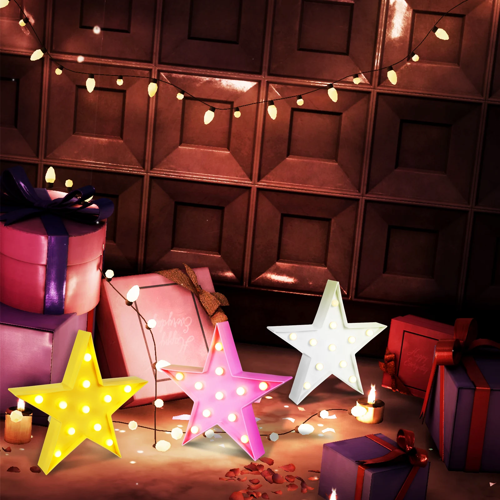 

3Pcs Rainbow Five Pointed Star Marquee Lights Powered Star Table Lamp Party Decorations Wedding Bedroom Decor