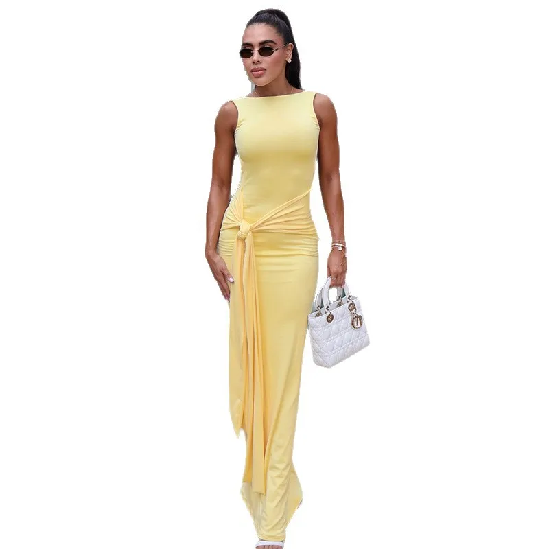 فستان نسائي خريفي جديد أوروبي وأمريكي بلون سادة ورقبة دائرية بدون أكمام وخصر نحيف مثير بدون ظهر للنساء #5