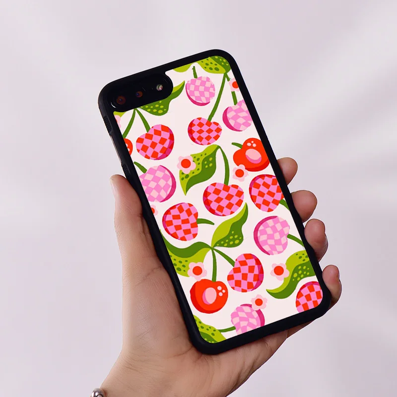 Wildflower Rubber Phone Case Cover for iPhone 6 6S 7 8 Plus X XS XR 11 12 13 14 15 Mini Pro Max Checkered Cherries