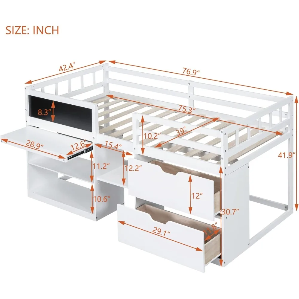 Child's Bed with Storage Shelves and Drawers, Wooden Twin Size Loft Bed with Rolling Desk and Chalkboard, Child's Cot