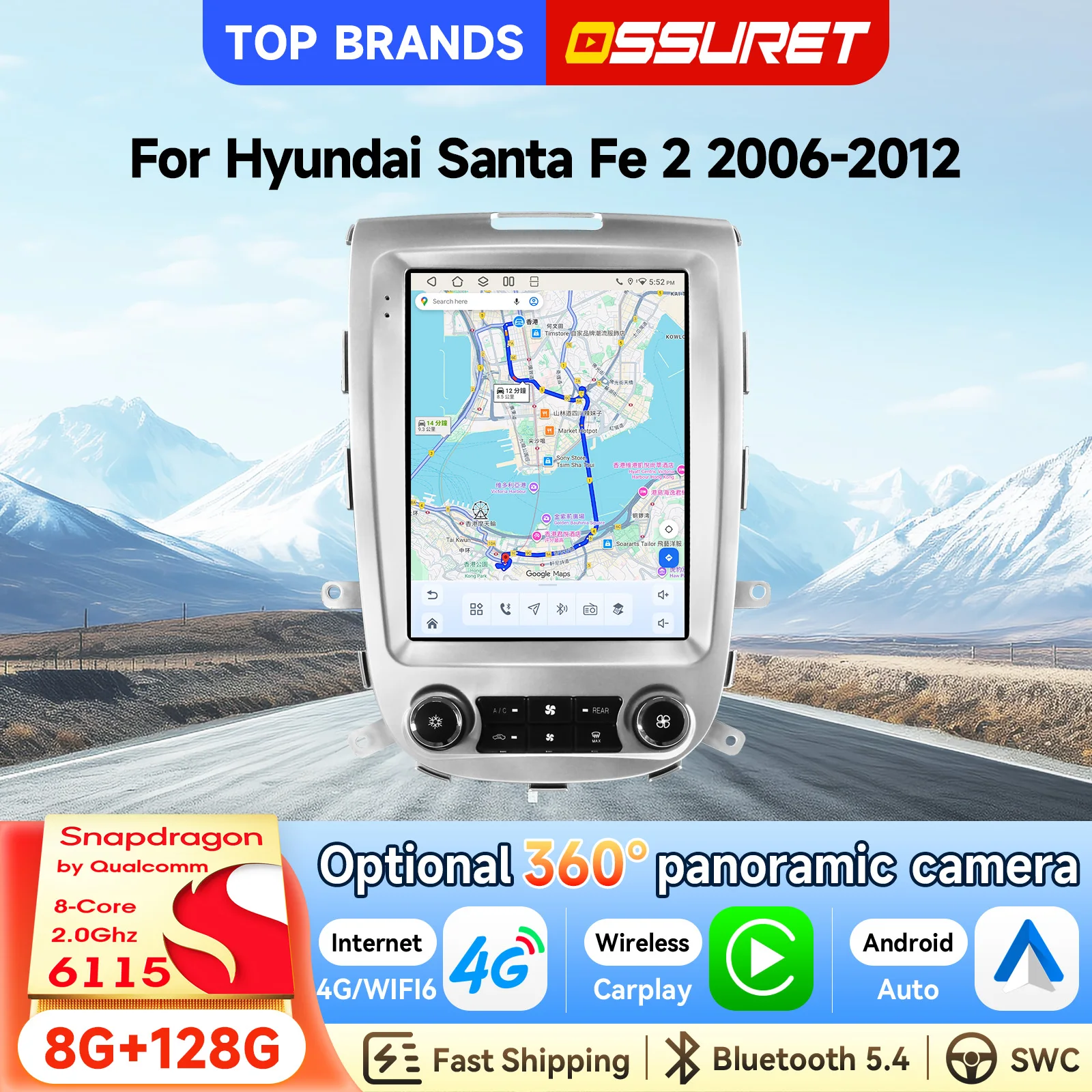 OSSURET Schneller Versand 9,7 Zoll 2Din Android 15 Autoradio für Hyundai Santa Fe 2 2006-2012 Stereo Bluetooth AI WiFi GPS-Navigation Wireless Carplay Android Auto RDS DSP Audio-Video-Player SWC