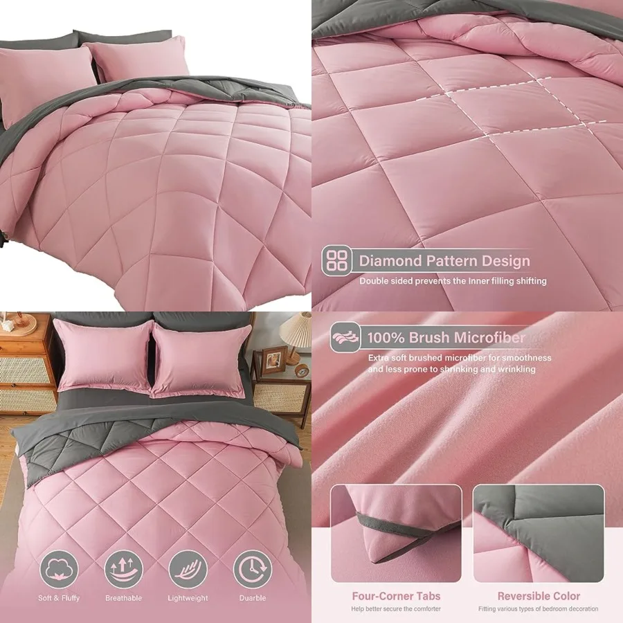 

Bed in a Bag Comforter Sets 7pcs All Season Solid Down Alternative Bedding Sets Pink and Grey with Comforter, Pillow Shams, Fla