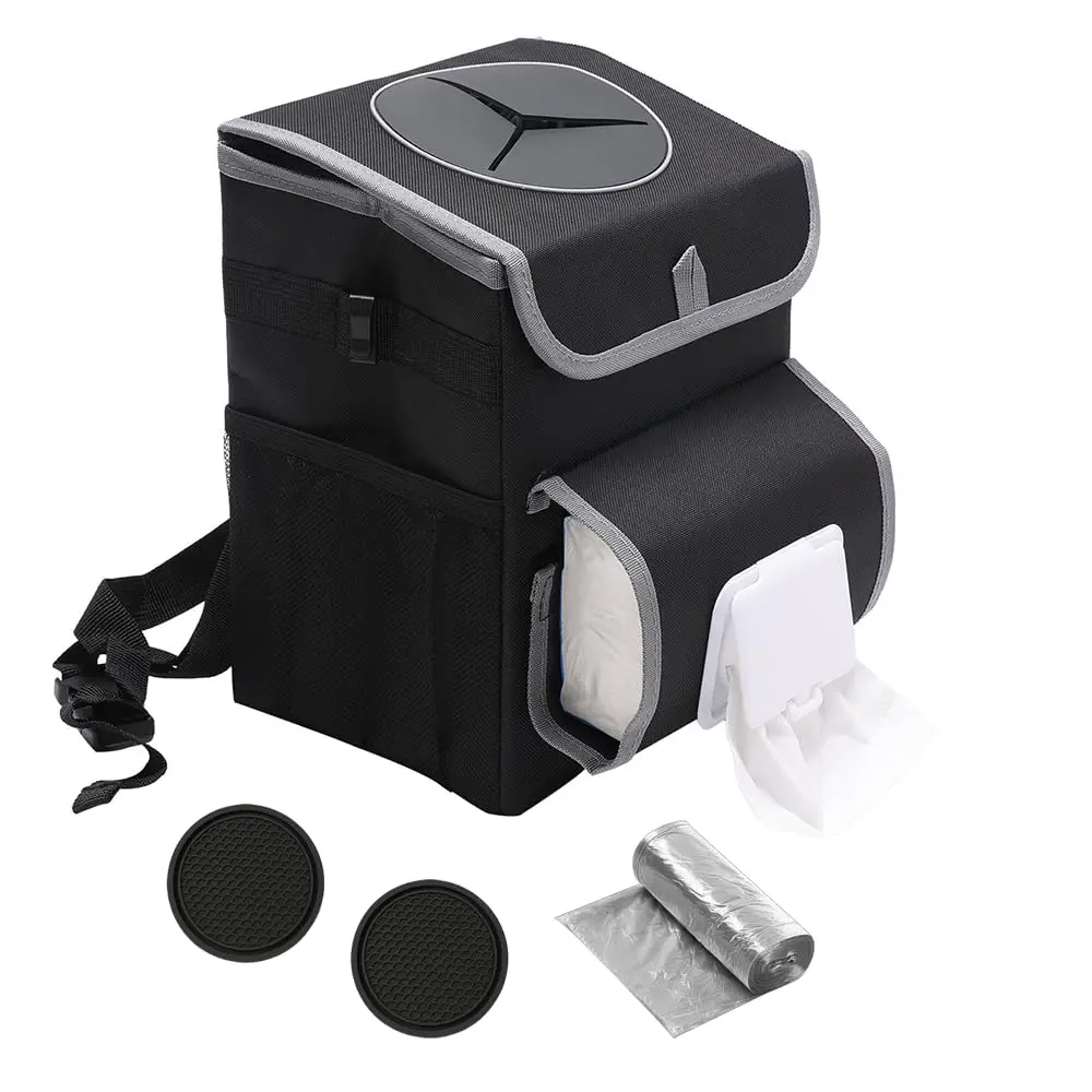 

Car Trash Can with Lid, Bag-Hanging Pockets, Adjustable Tissue Holder, Portable Waterproof 1.98 Gal Garbage Bin