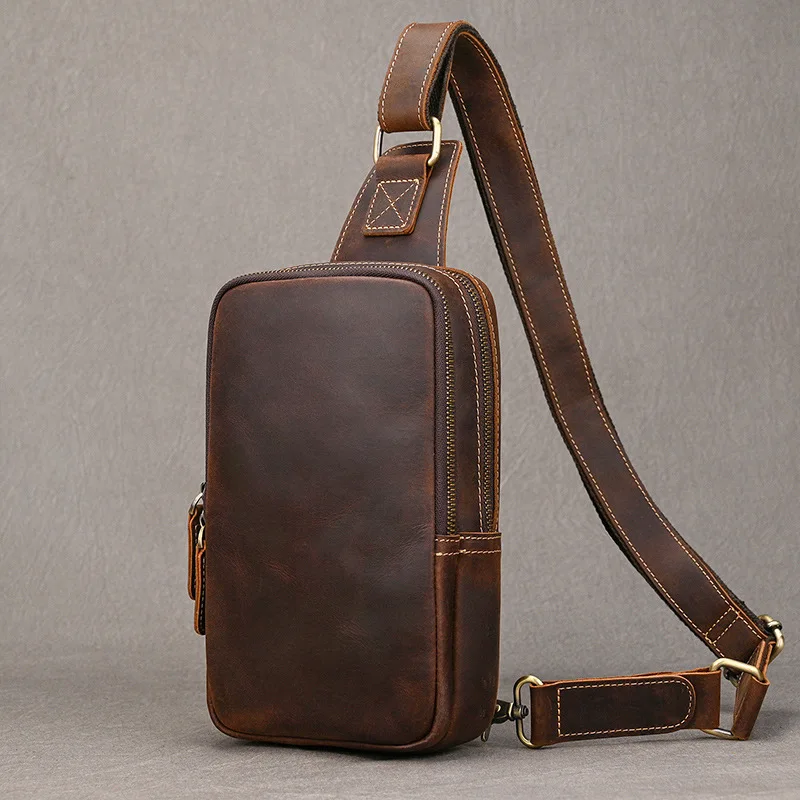 Crazy Horse Leather Men's Chest Bag Casual Shoulder Bag Natural Cowhide Messenger Bag Brown Small Backpack For 8 Inch Tablet