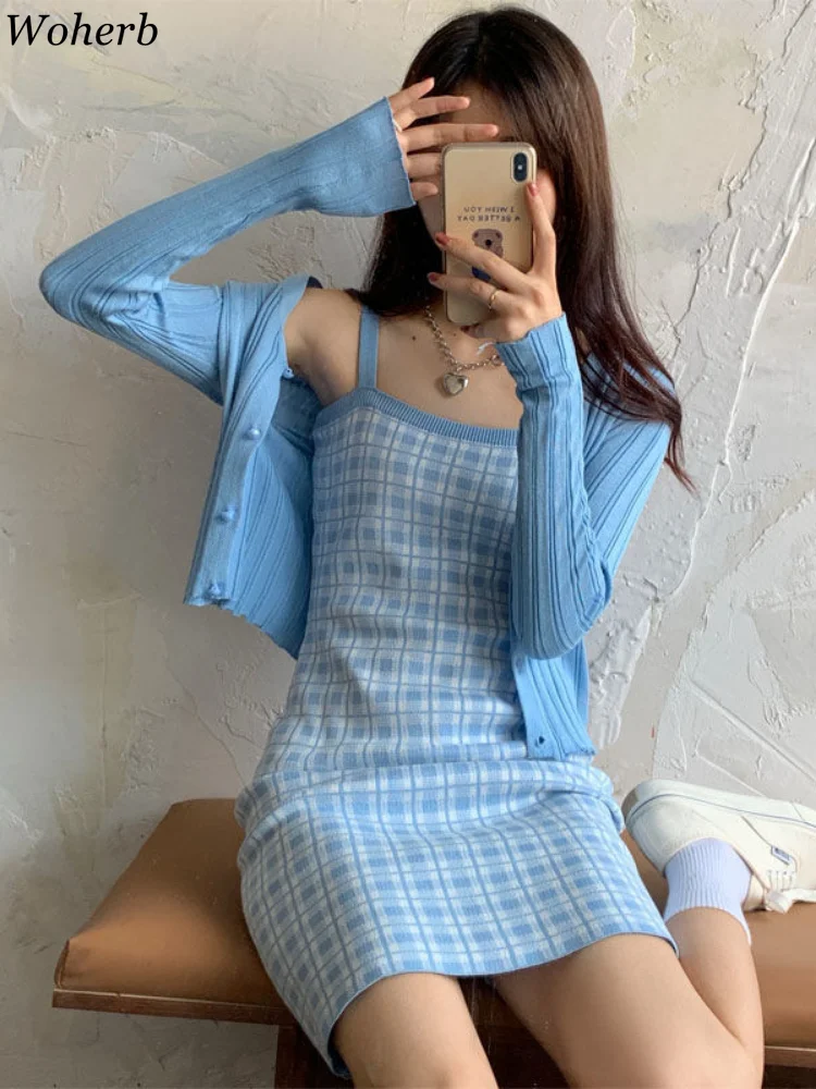 Elegant Dress Sets Women Spring Summer Y2k Cardigan +sleeveless Tank Dresses Korean Knitted Two Piece Set Chic Cute Outifits