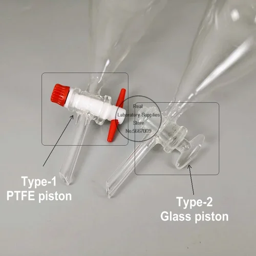 Imagen 2 del producto Embudo separador de vidrio en forma de pera con pistón de vidrio/PTFE para experimentos de laboratorio, 30ml, 60ml, 125ml, 250ml, 500ml, 1000ml, 1 Uds.