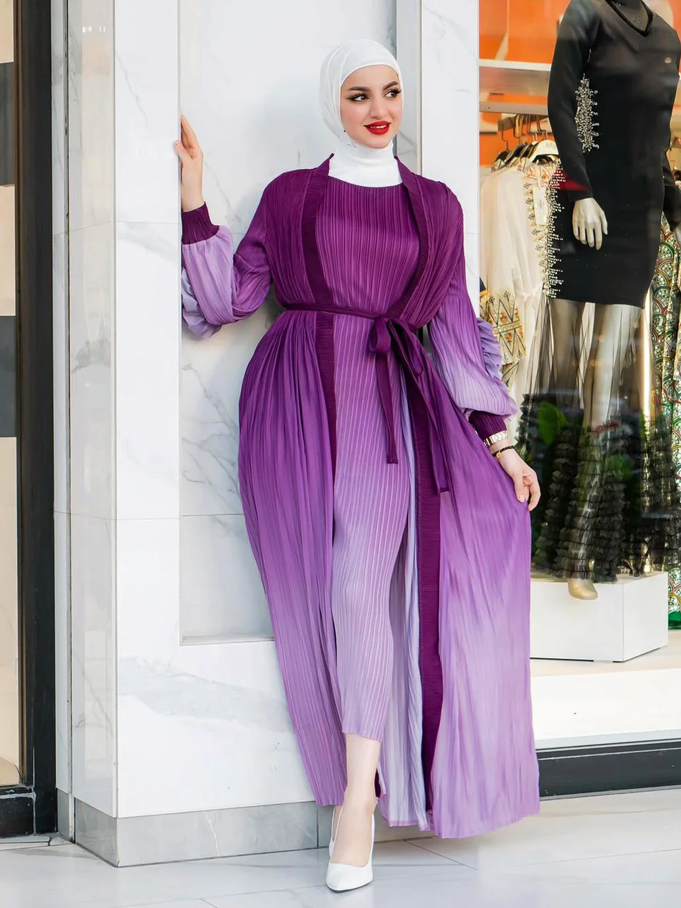 

Женский элегантный комплект, платье без рукавов с градиентом и круглым вырезом, роскошный пояс с длинным рукавом на талии, осень 2021, новая женская одежда