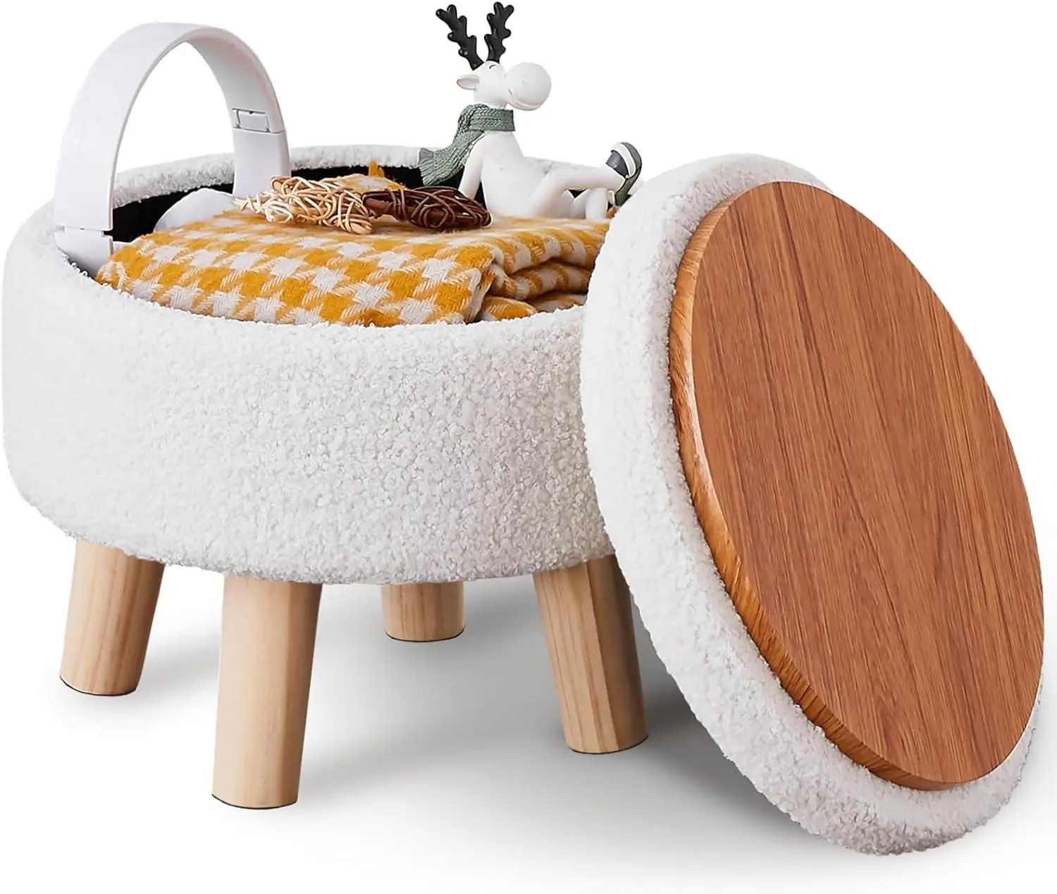 

Wimarsbon Storage Ottoman, Modern Round Footrest with Soft Padded Seat, Teddy Velvet Footstool with Wood Legs, Accent Small Tabl