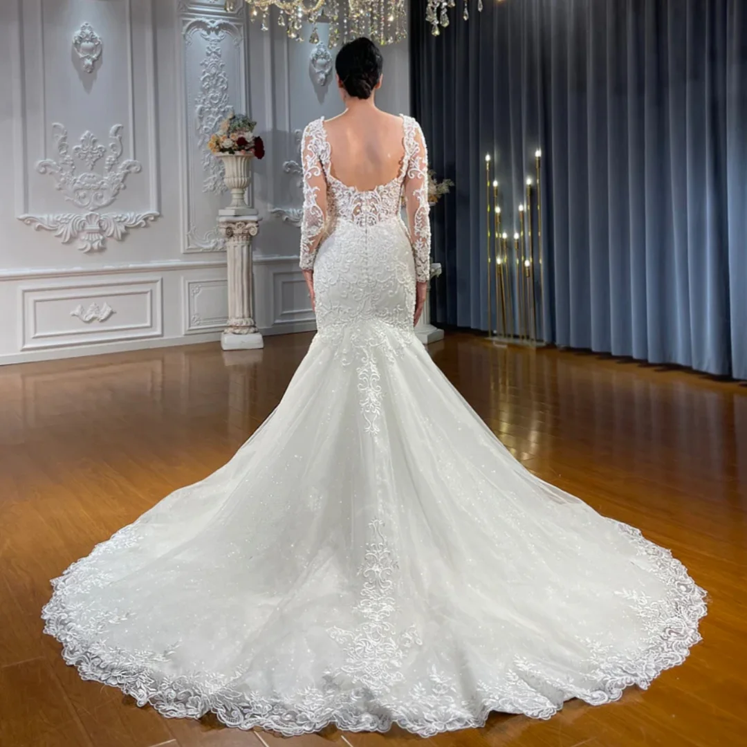 Customized New Mermaid Wedding Dress Long Sleeve Lace Appliques Beaded V-Neck Backless Bridal Gown with Train for Women