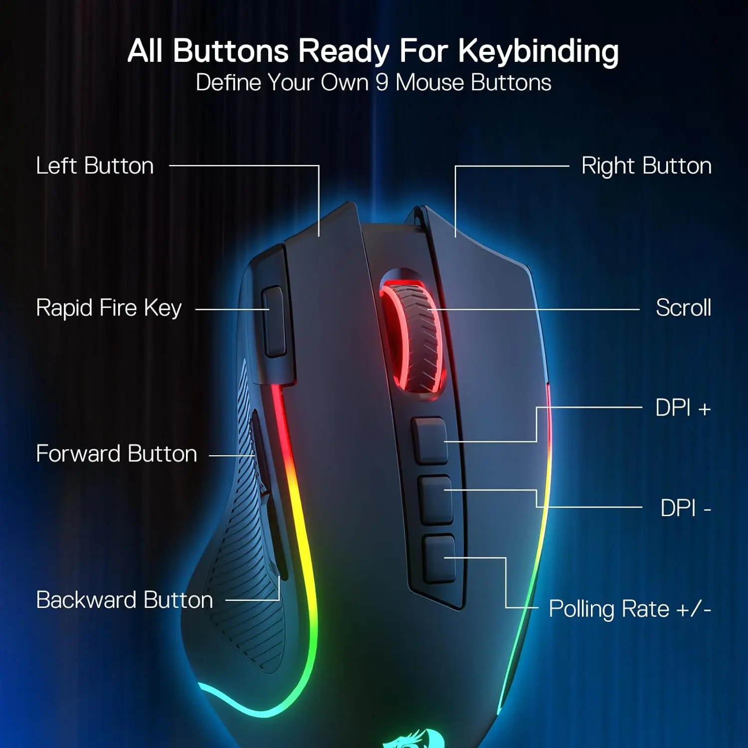 Redragon M612 PRO BT & 2.4RGB Gaming Mouse, 8000 DPI Wired/Wireless Optical Gamer Mice 11 Programmable Buttons & 6 Backlit Modes