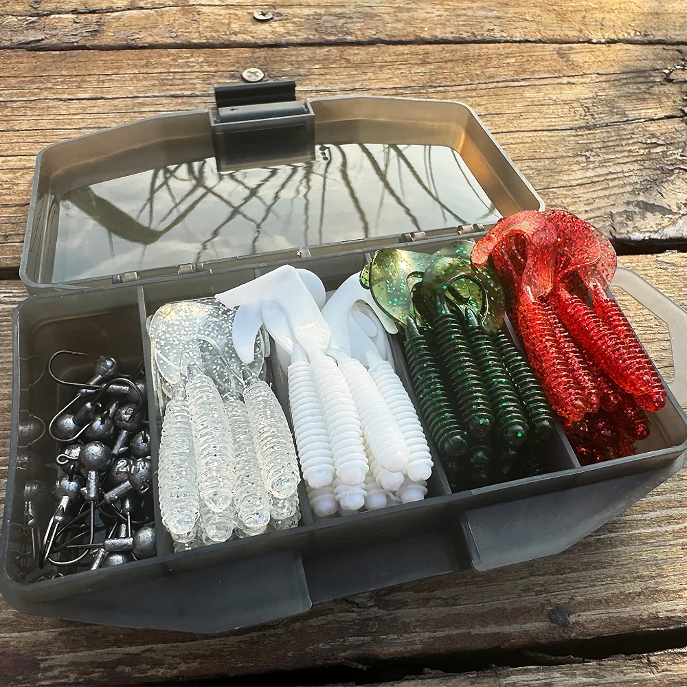 50 unidades de señuelos blandos de silicona con cola en T, tipo lombriz, de 5 cm, con cabeza de jig metálica de 2 g, para pesca con jigging, caja de aparejos de pesca, swimbait