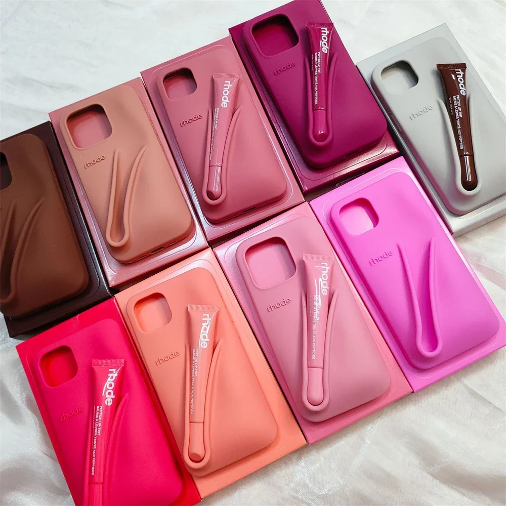 Rhode New Color INS Lipstick Silicone DIY Phone Case For iPhone 16 15 14 13 12 11 Pro Max Plus With Lip Gloss Set Back Cover image 5