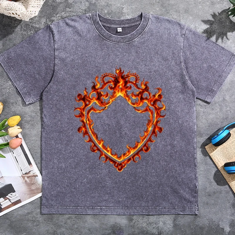 Burnin Up Flame Tee Man Woman Cotton Vintage Washed T-shirt Casual Round Neck Cotton High Quailty Tshirts Oversized Y2k Clothes