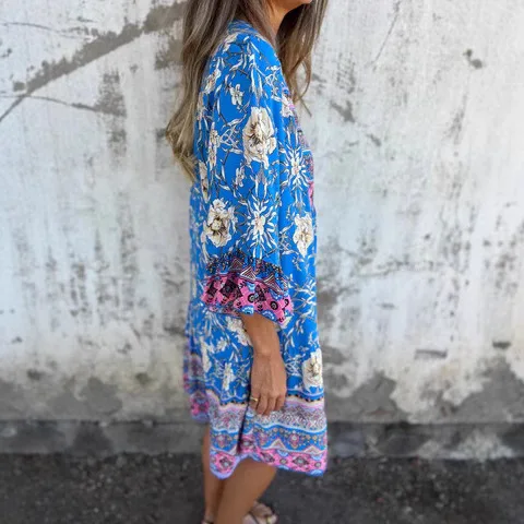 Casual Printed Spliced ​​V-neck Ruffled Half-sleeved Dress Women 2025 Summer Loose Boho Button Dress For Women