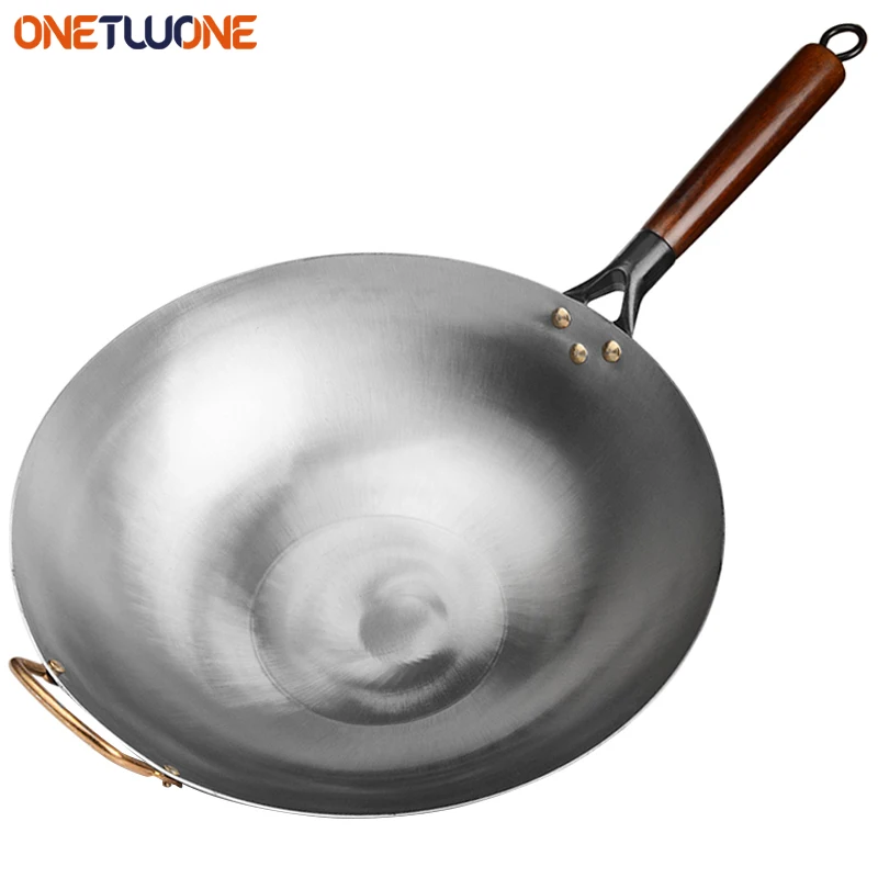 Traditional iron wok,Non-coating Woks Hand forged  For Kitchen PanWooden Handle Wok Kitchen Gas Pot Cookware