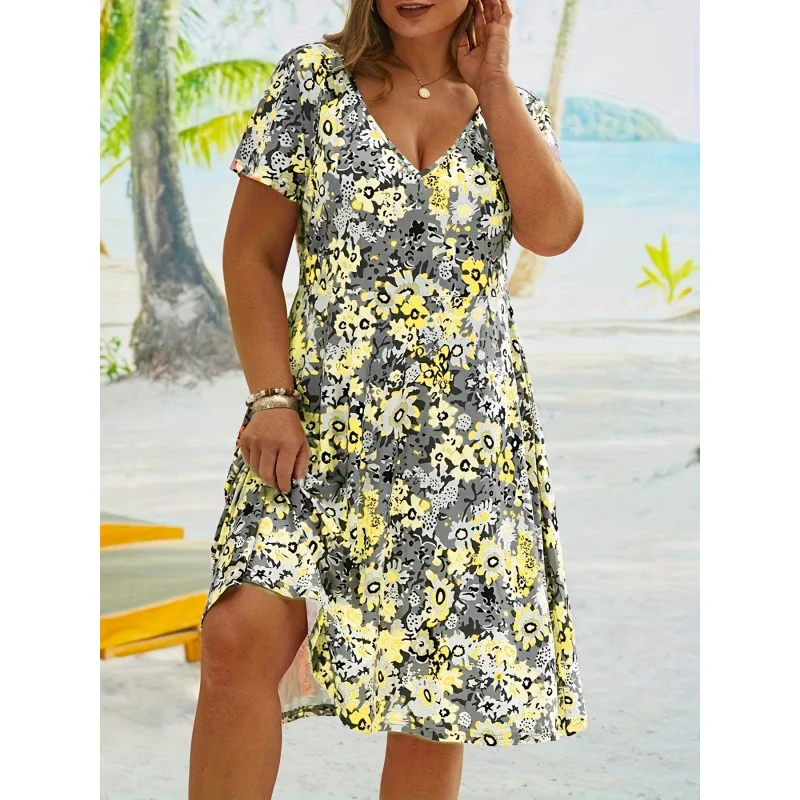

Deep V Neck Beach Dress Women's plus Size Casual Summer Dresses Floral Print Maxi Dress Elegant Classy Style for Holiday