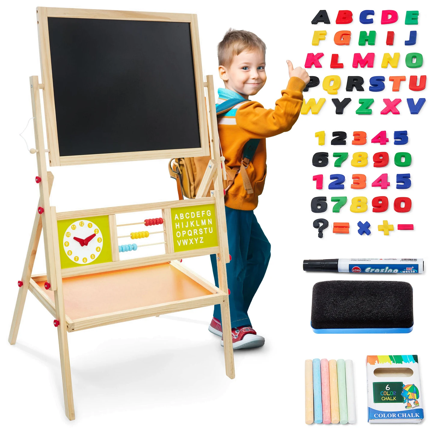 Mamabrum Grote Educatieve Tafel Dubbelzijdige Houten Magnetische Krijtset voor Kinderen Montessori Klok en Abacus