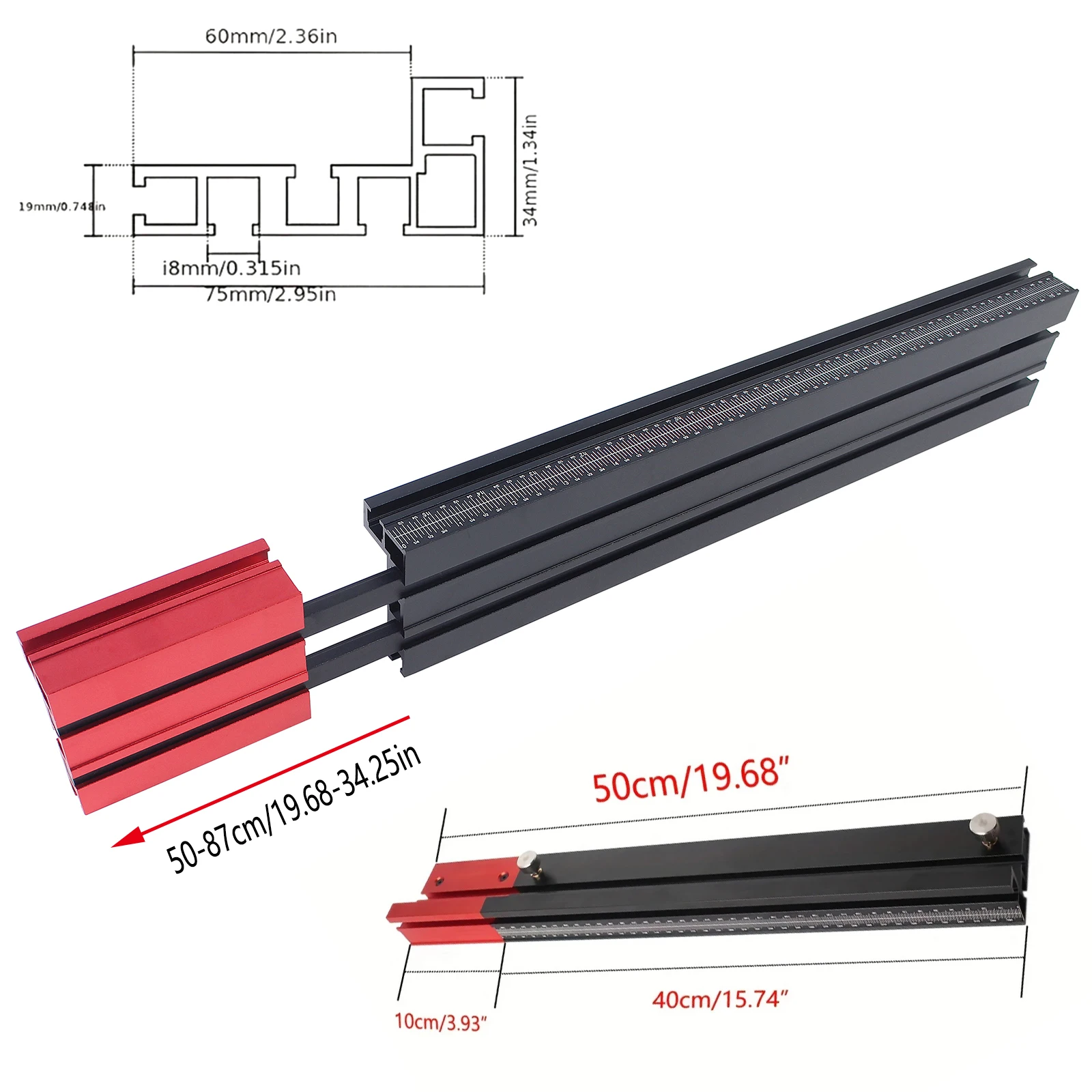 75 Type MM&Inch Telescoping Aluminum Profile Router Fence T-Track Table Saw Fence Woodworking T-Slot Miter Track Fence 50-87CM