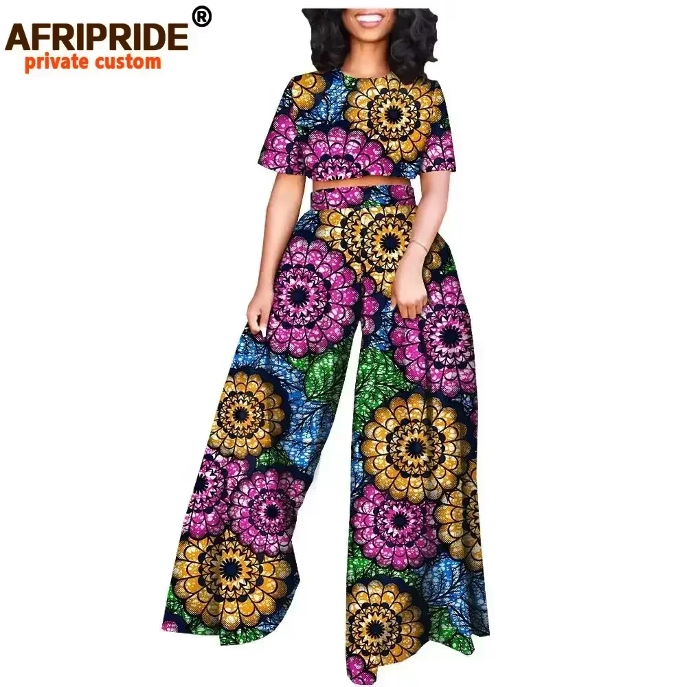 Conjunto africano de 2 piezas para mujer, Tops estampados y pantalones Ankara, ropa Dashiki, chándal, Blusa corta, trajes de cera AFRIPRIDE A 2026001