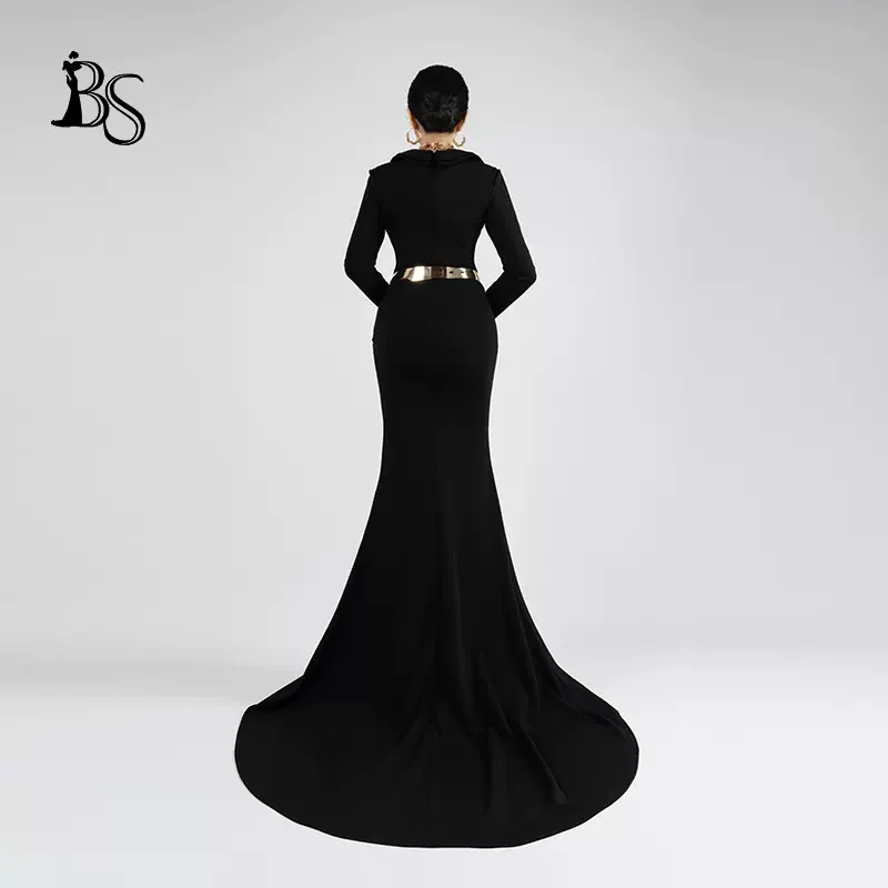 Baisha Customized Gala Evening Dress Luxury Handmade Beaded Featured Flip Collar Golden Buckle Waist Belt Long Sleeve Mermaid G