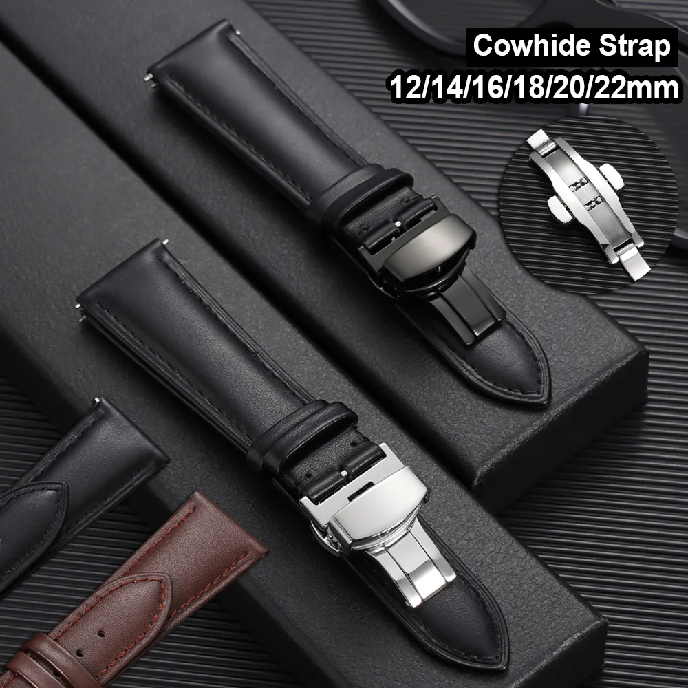 

12/14/16/18/20/22mm Vintage Genuine Leather Watch Strap Band Universal Retro Bracelet Quick Release Butterfly Buckle Wristband