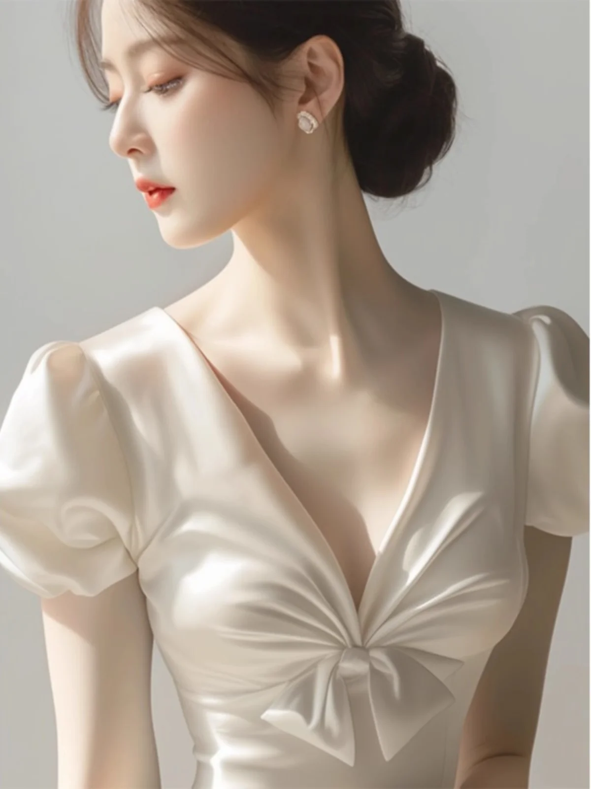 

Ele Satin Women's irt Summer Luxury Knot V-Ne ort Sve T-irt Top Retro Sle Loose Fit Color