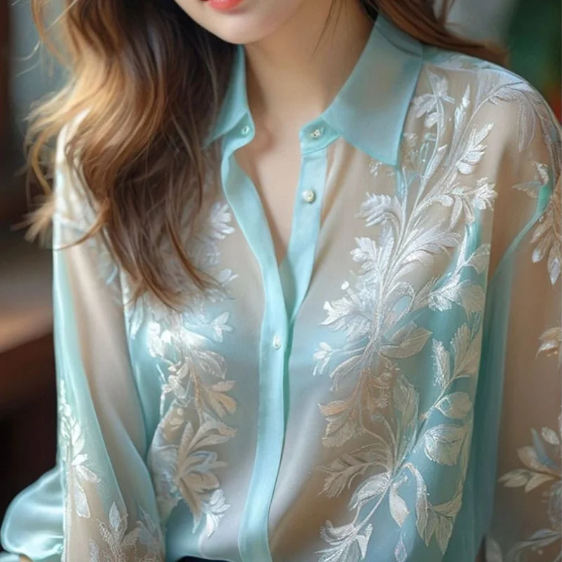 

Straight New Fashion Net Yarn Solid Color Long Sleeve Women's Clothing Summer Chinese Style Buttons Tops Perspective Blouses