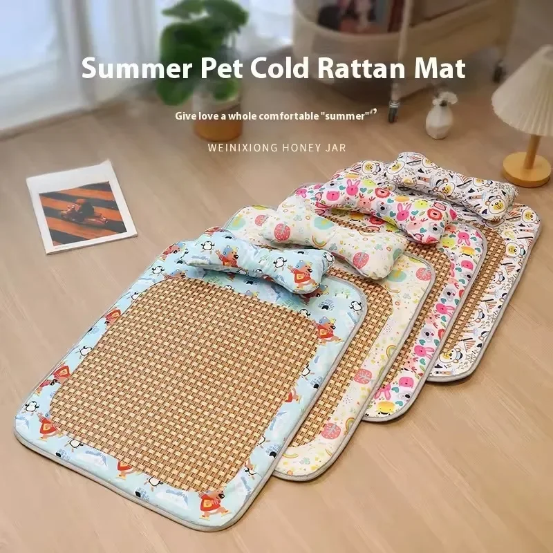 

Dog Cat Cooling Mat with Pillow Washable Breathable Cute Pet Cold Bed Indoor Sleeping Pad Portable Rattan Weave Inspired Design