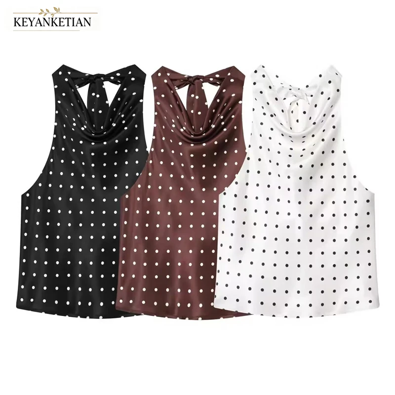 KEYANKETIAN 2026 Polka Dot Satin Halter Tank Top Cowl Neck Back Self Tie Bow Sleeveless Loose Elegant Casual Layering Vest