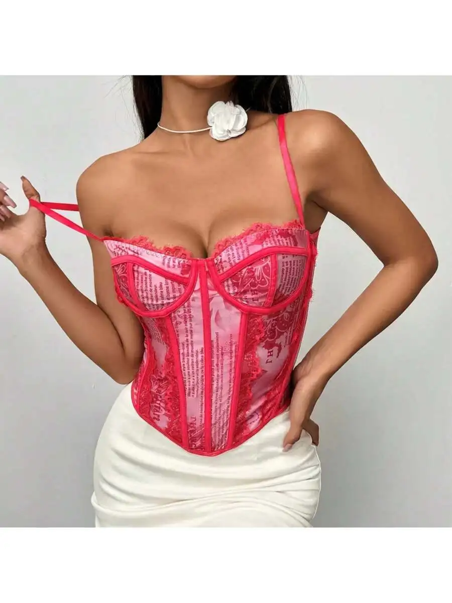 

Sexy Lace Fibone Slim Fit Street Sle Top Women's Cross-Border Sexy Spicy Girl Street Style Lace Fishbone Slim Fit Vest