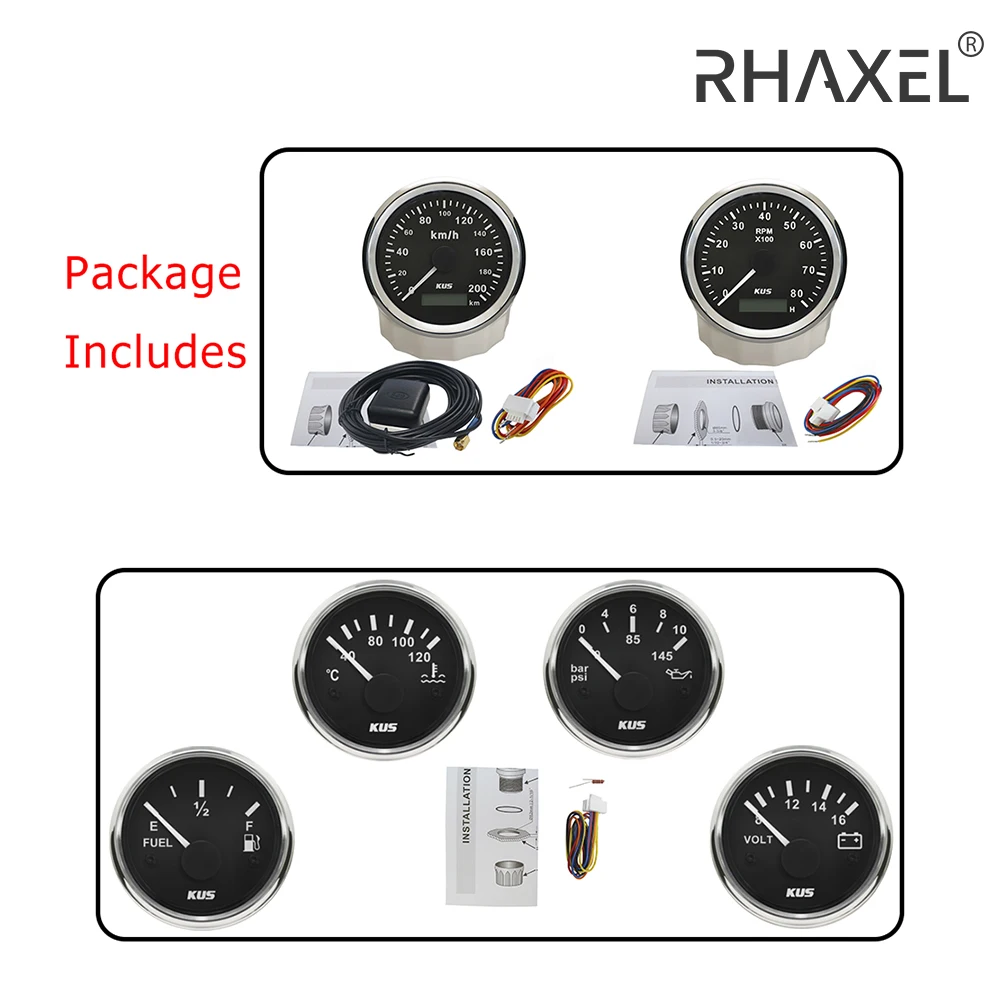 KUS 6 Gauge Set Car Speedometer GPS 200km/h Tachometer Fuel Level 0-190ohm 240-33ohm Water Temp Oil Press 10Bar Voltmeter 12V