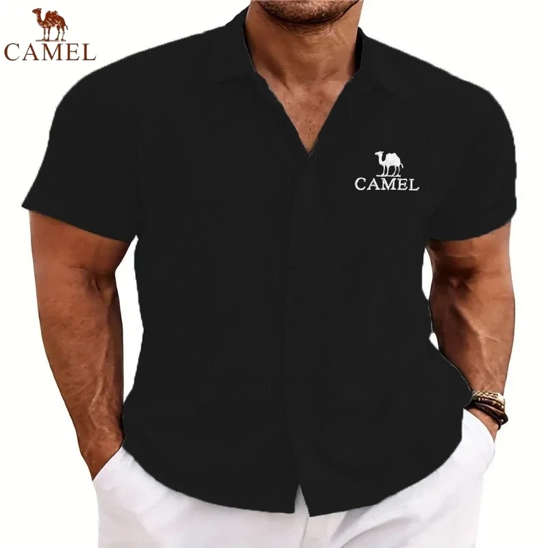 New Men's High-quality Embroidered Cotton Linen Short Sleeved Shirt for Summer Fashion, Casual, Cool and Breathable Polo Shirt