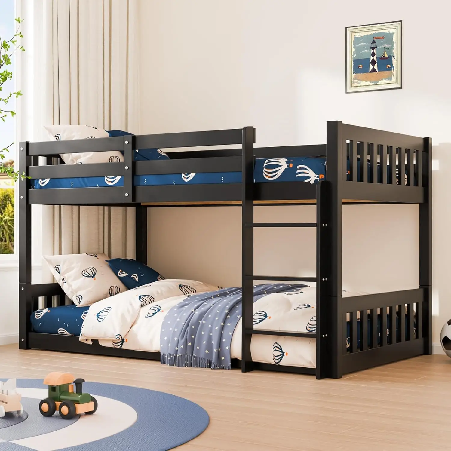 

Low Twin Over Twin Bunk Bed for Kids, Solid Wood Frame with Guardrails & Ladder, No Box Spring Needed, Black