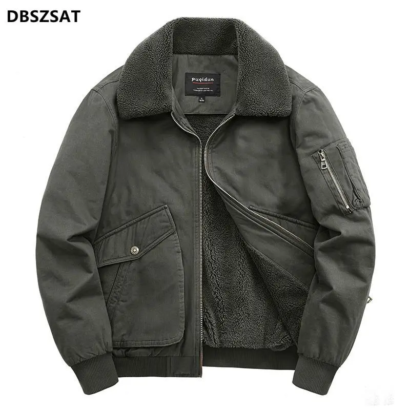 

Winter Men's Jacket Fur Lined Coat Cotton-padded Clothes New Multiple Pockets Work Clothes Plush Thicken Lamb Wool Cotton Suit