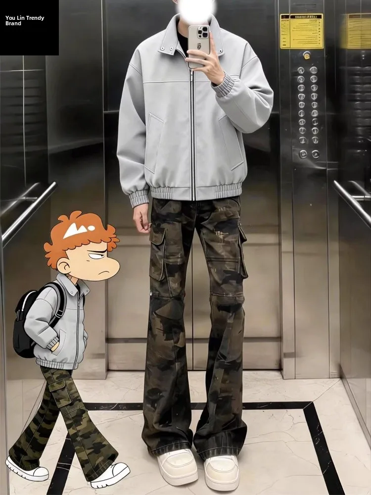 

Cleanfit Camouflage Jeans Men's American Retro Workwear Pants Slim Straight Leg Micro Flared Trousers High Waist Denim Jeans