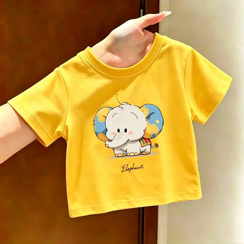 Cartoon Style Elephant Print Children's T-shirt New Fashion Trend Soft Skin Friendly Round Neck Parent-child Casual T-shirt