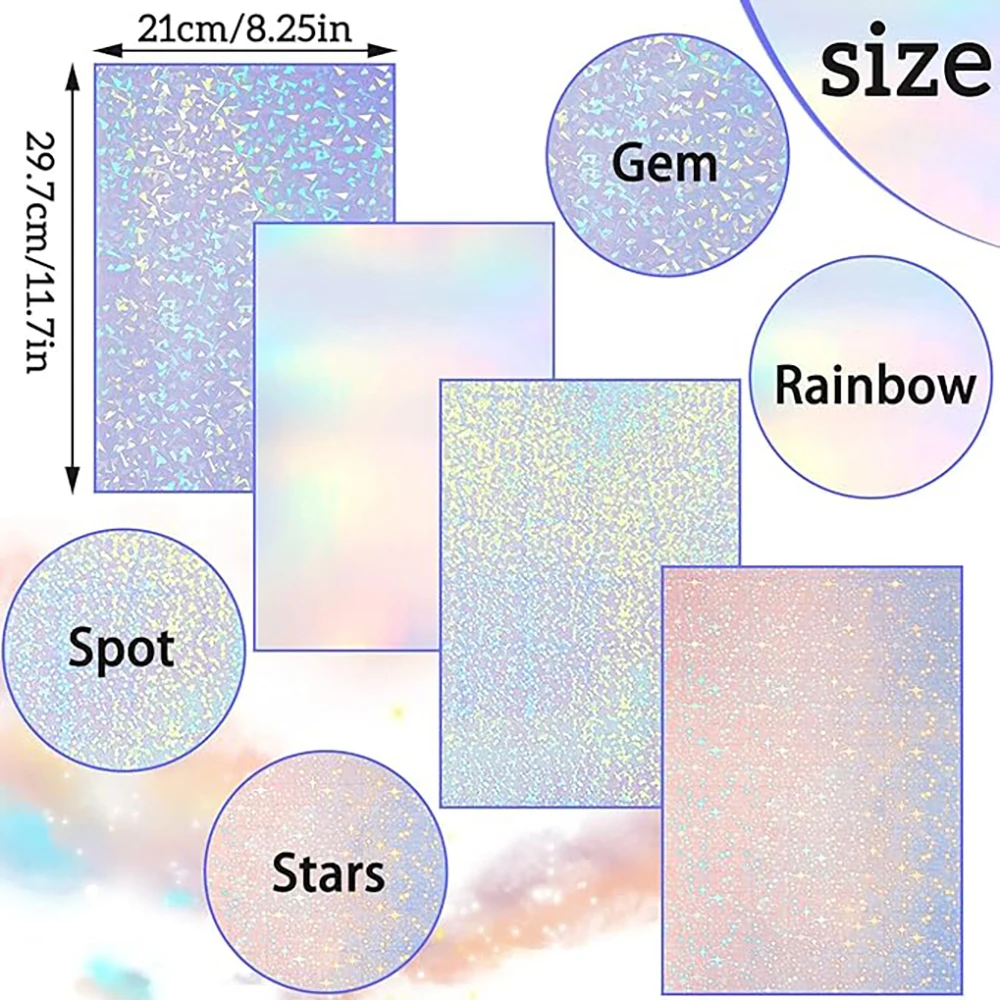 A4 Size 20 Sheets 4 Styles Holographic Sticker Paper Vinyl Lamination Stickers Film Self Adhesive（Gem, Rainbow, Spot, Star）