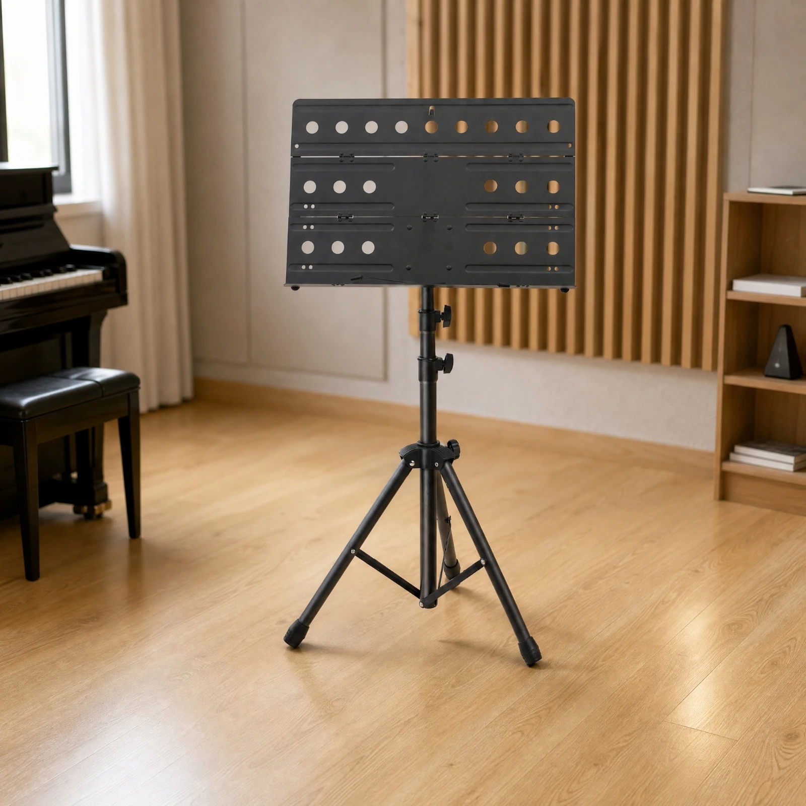 Perforated Music Stand with Retaining Clips Foldable Iron Music Stand with Tripod Base Stable Ventilated Panel for Musicians